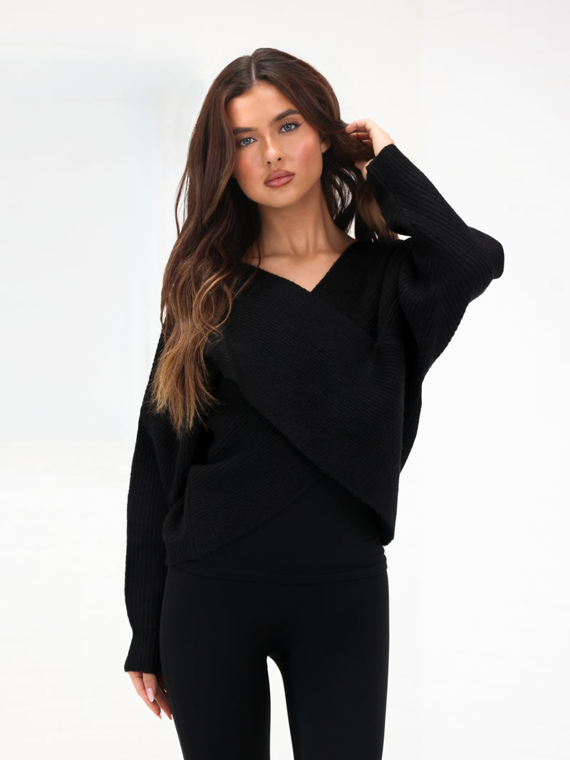 Enid Knitted Crossover Jumper - Black