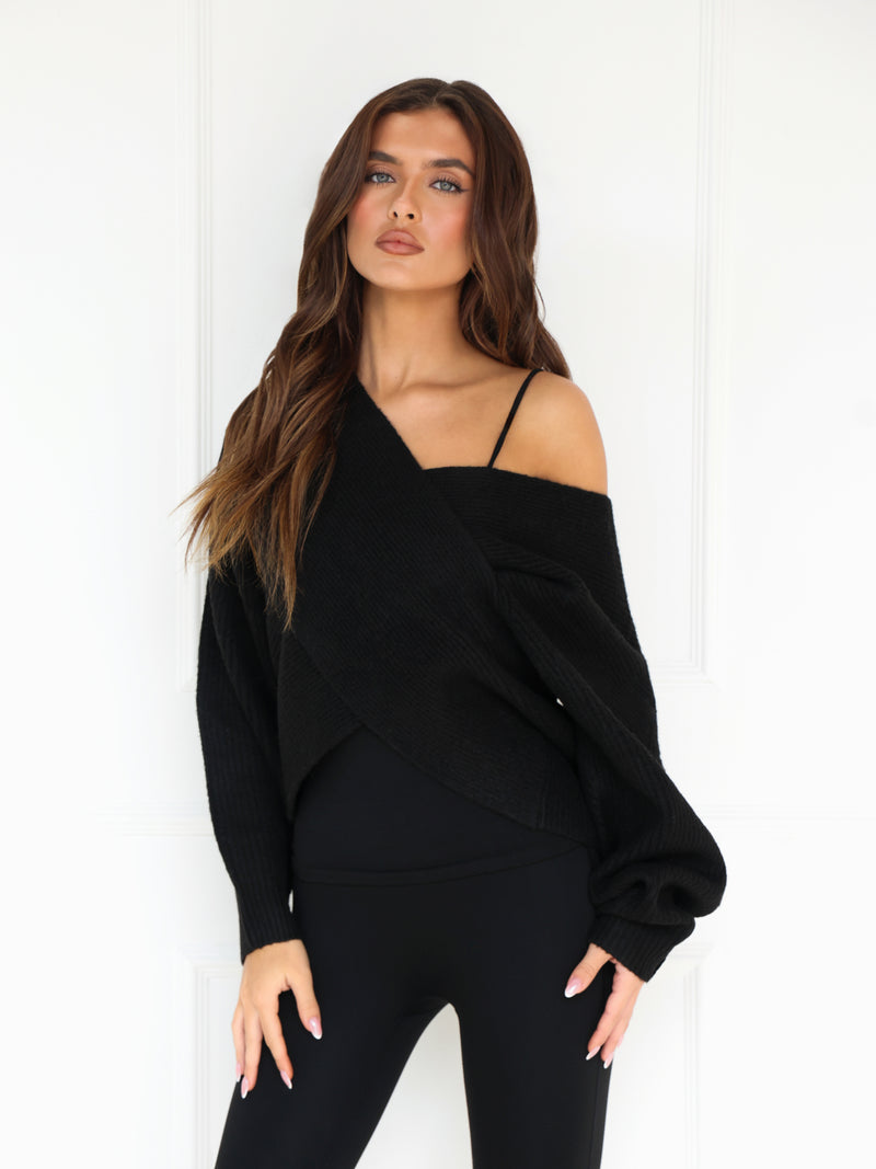 Enid Knitted Crossover Jumper - Black