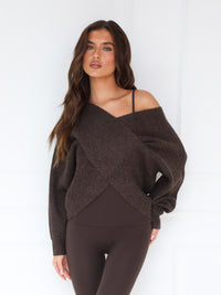 Enid Knitted Crossover Jumper - Chocolate Brown