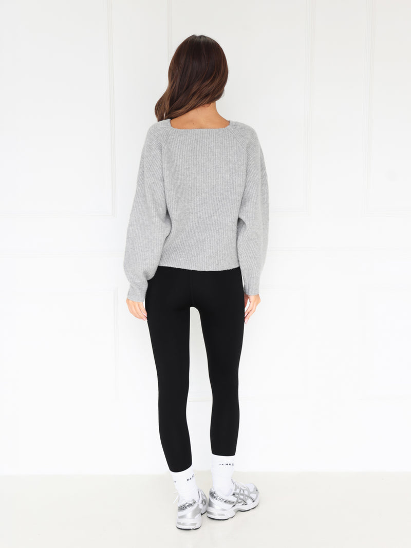 Enid Knitted Crossover Jumper - Marl Grey
