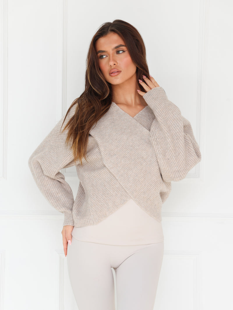 Enid Knitted Crossover Jumper - Toasted Taupe