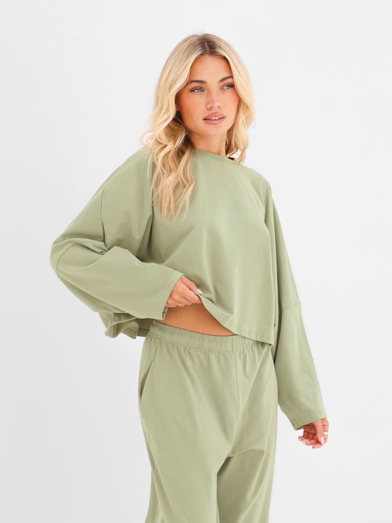 Ayla Batwing Cotton Top - Warm Green
