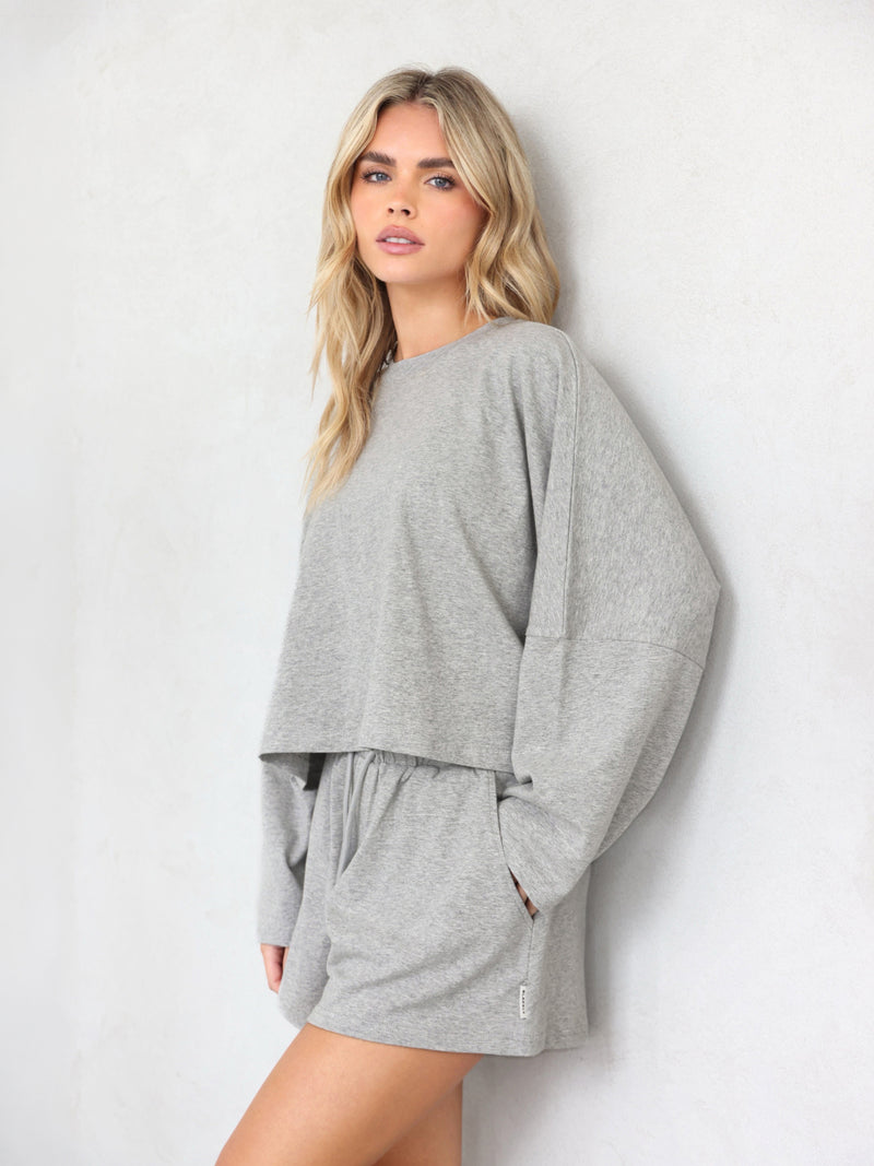 Ayla Batwing Cotton Top - Marl Grey