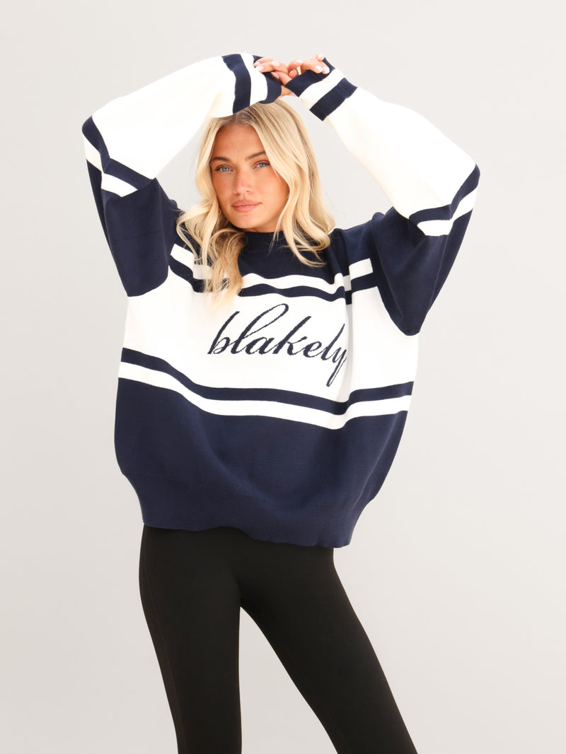 Margot Oversized Knitted Panel Jumper - True Navy & White