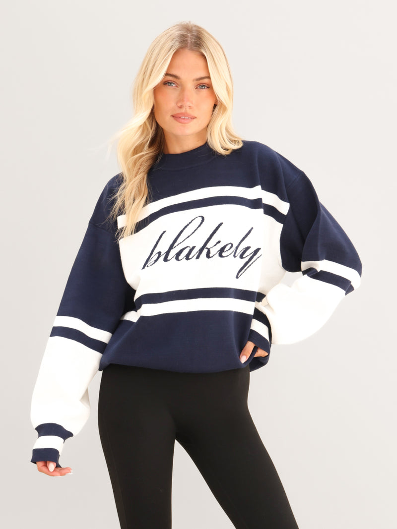 Margot Oversized Knitted Panel Jumper - True Navy & White