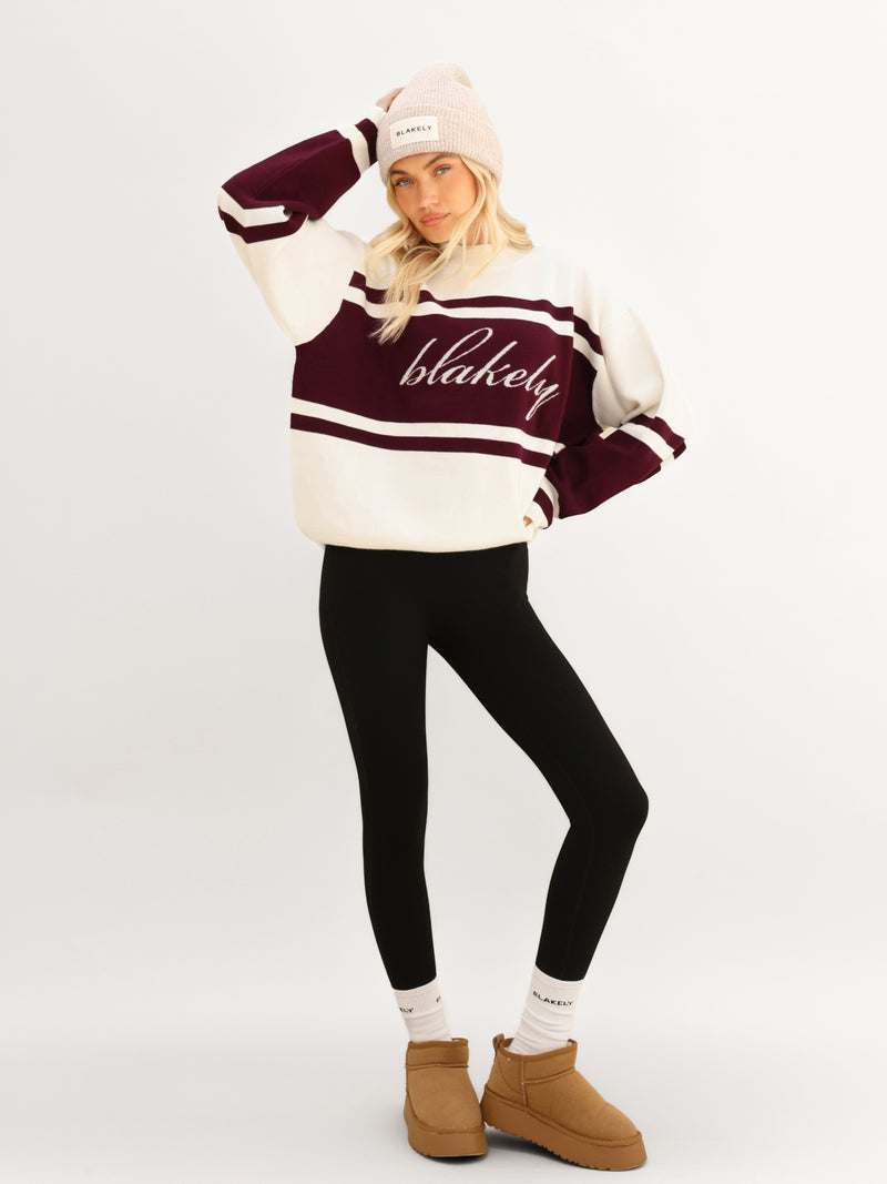 Margot Oversized Knitted Panel Jumper - Off White & Dark Cherry