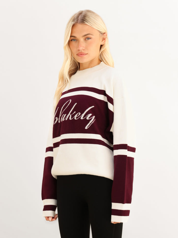 Margot Oversized Knitted Panel Jumper - Off White & Dark Cherry