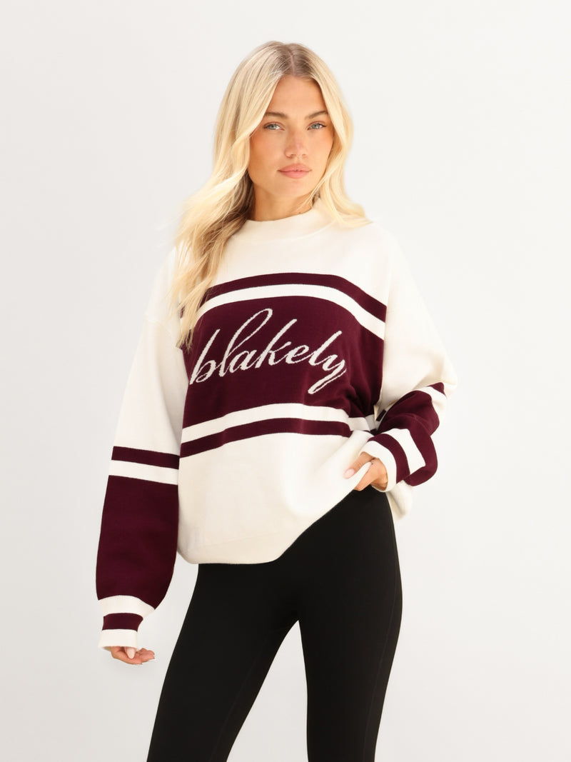 Margot Oversized Knitted Panel Jumper - Off White & Dark Cherry
