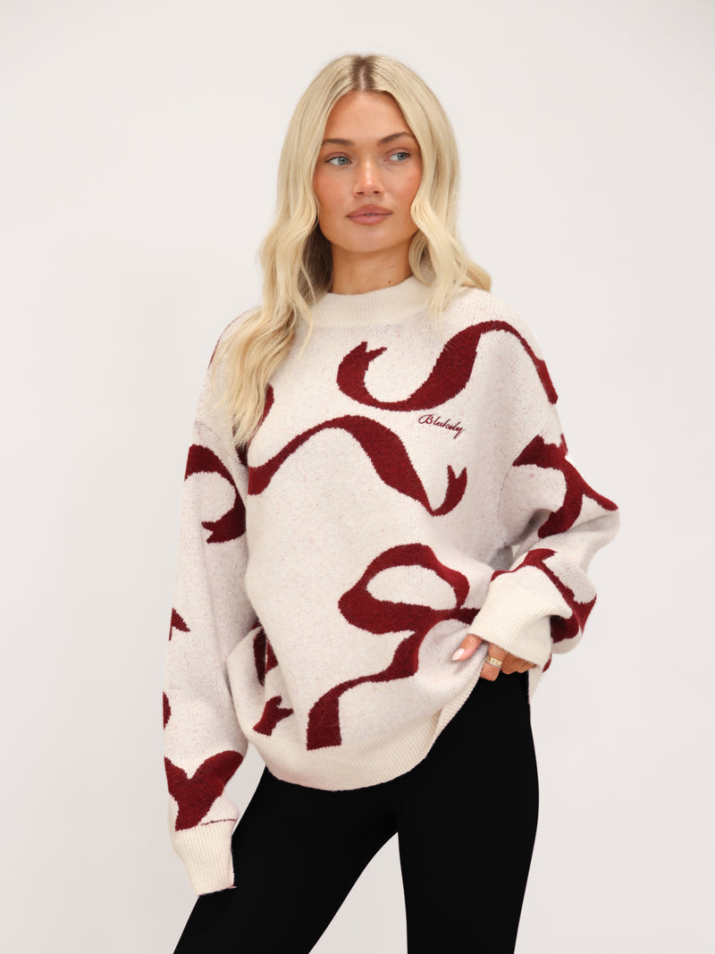 Bella Bow Knitted Jumper - Off White & Red