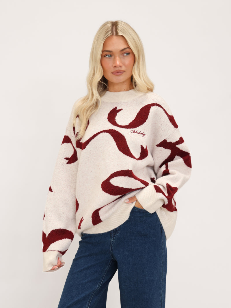 Bella Bow Knitted Jumper - Off White & Red