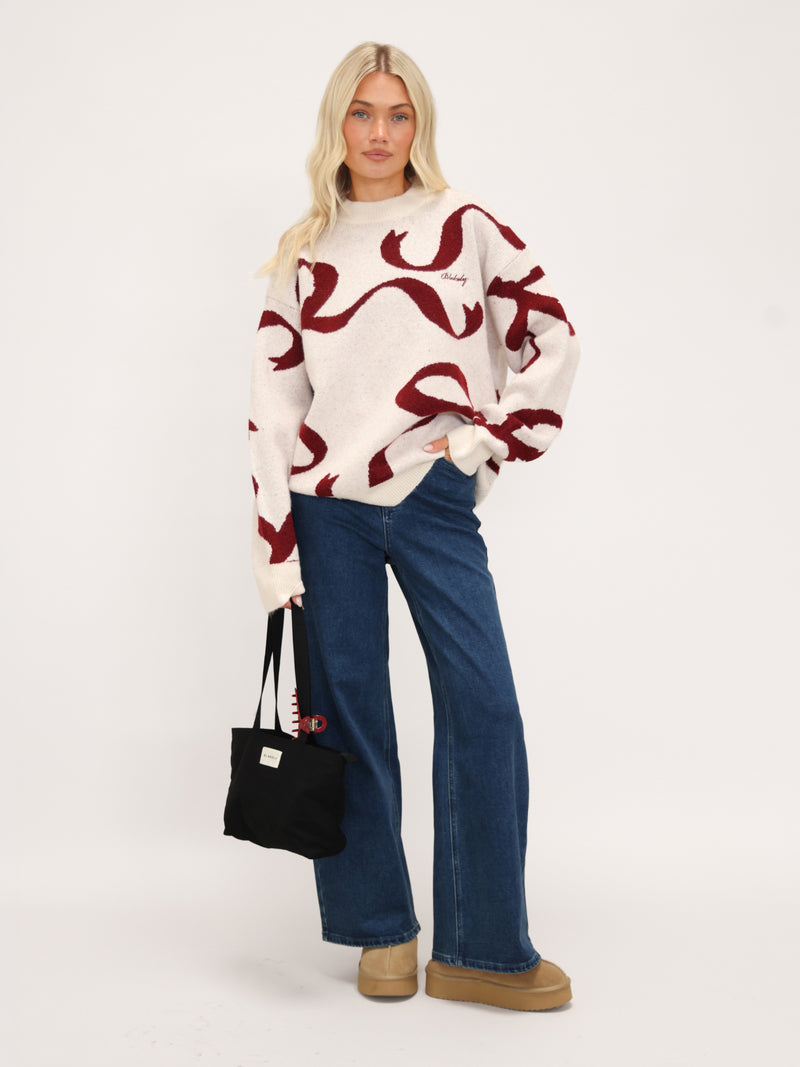 Bella Bow Knitted Jumper - Off White & Red