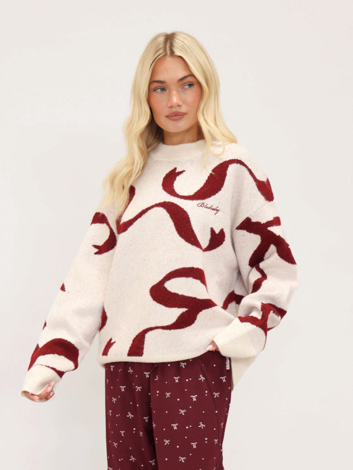 Bella Bow Knitted Jumper - Off White & Red