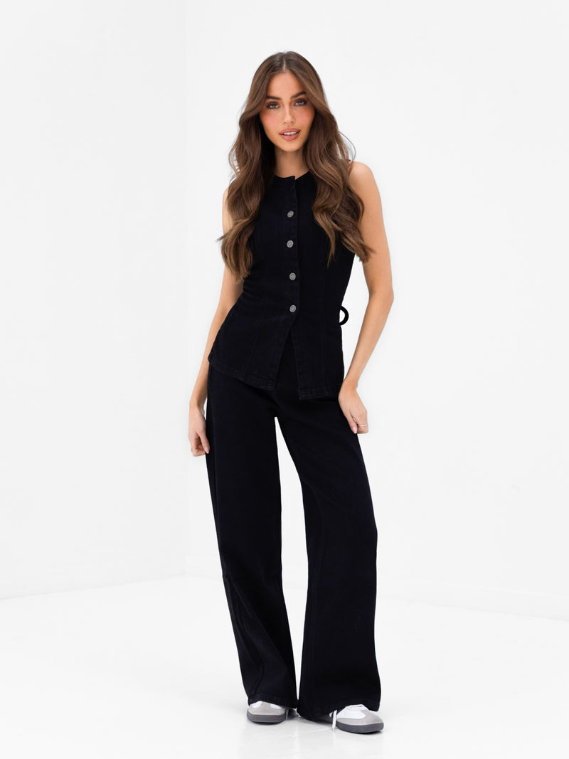 Blakely Denim Button Up Top - Black