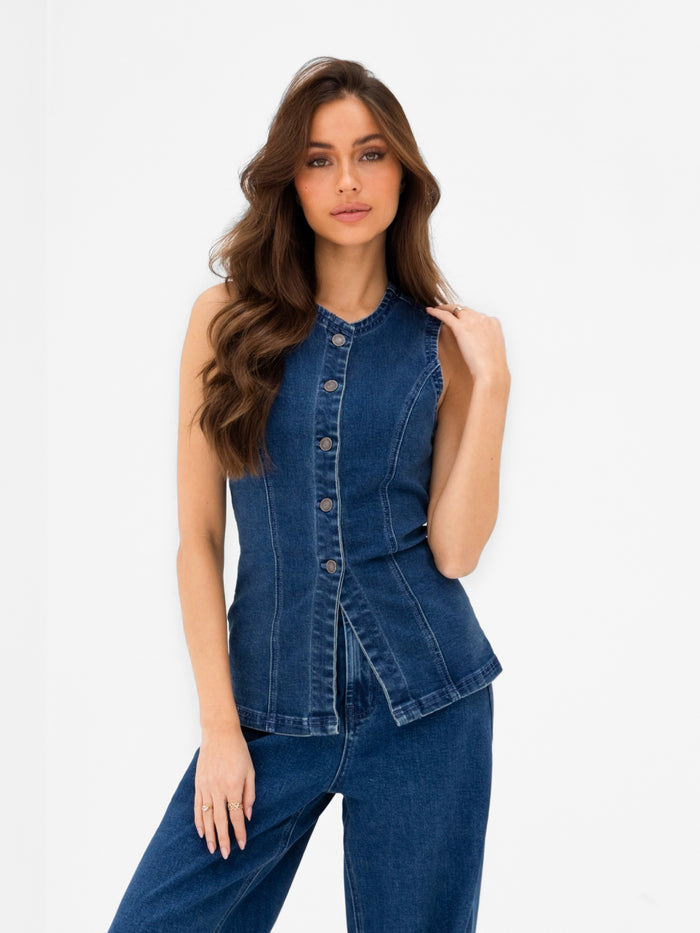 Blakely Denim Button Up Top - Dark Blue Wash