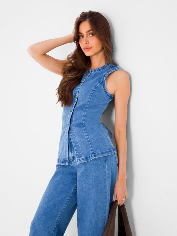 Blakely Denim Button Up Top - Classic Blue