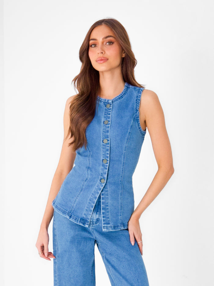 Blakely Denim Button Up Top - Classic Blue