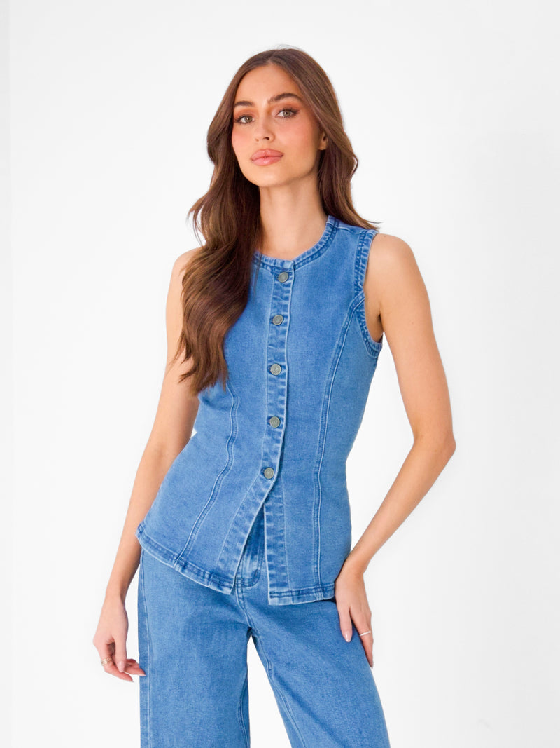 Blakely Denim Button Up Top - Classic Blue
