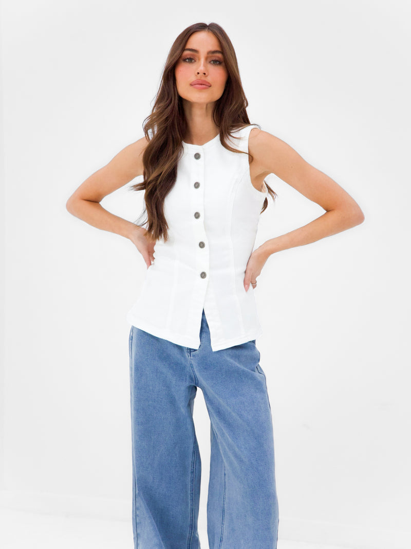 Blakely Denim Button Up Top - White