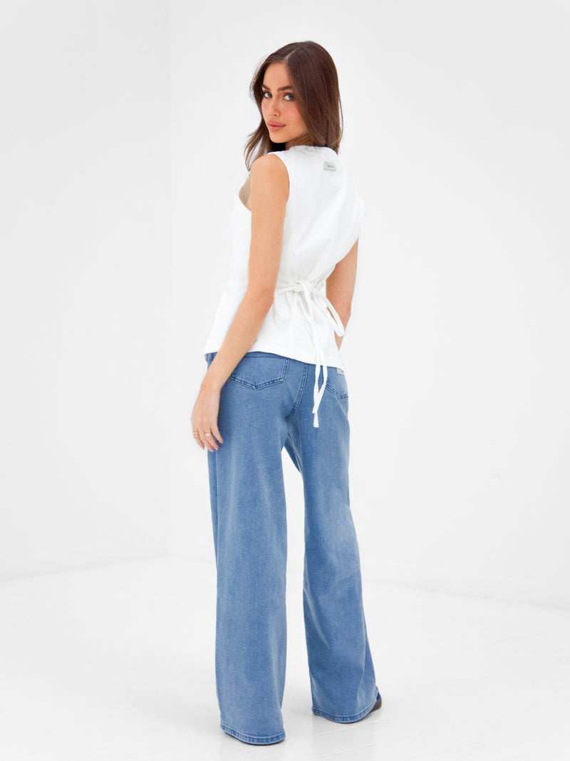 Blakely Denim Button Up Top - White