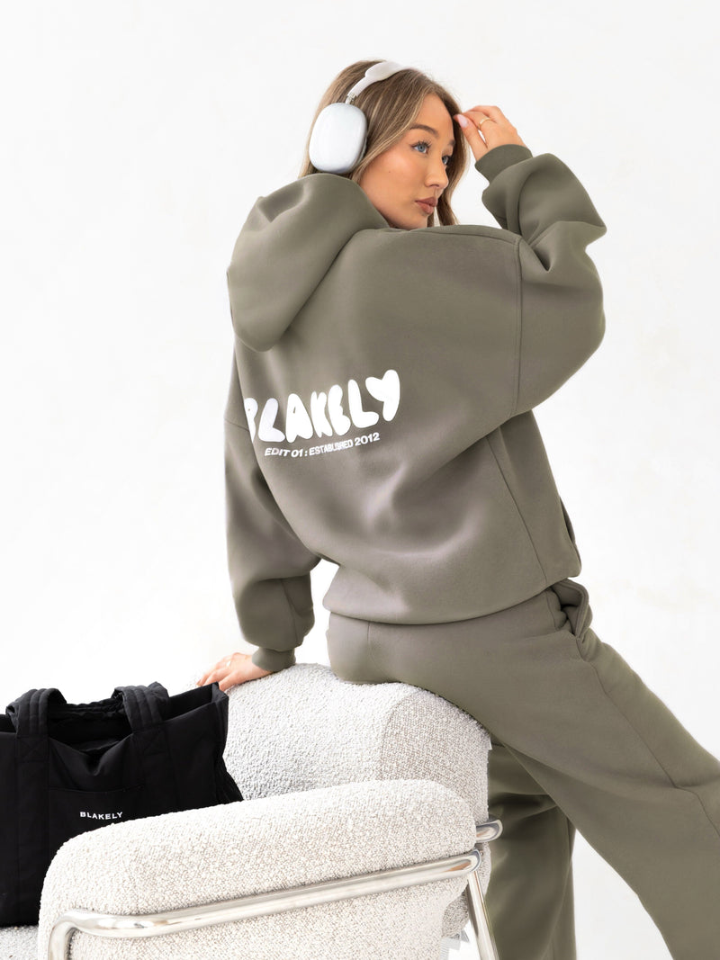 Cloud Print Oversized Hoodie - Safari Green