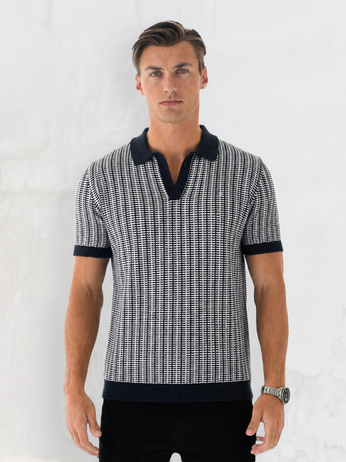 Conrad Knitted Stripe Polo Shirt - Navy