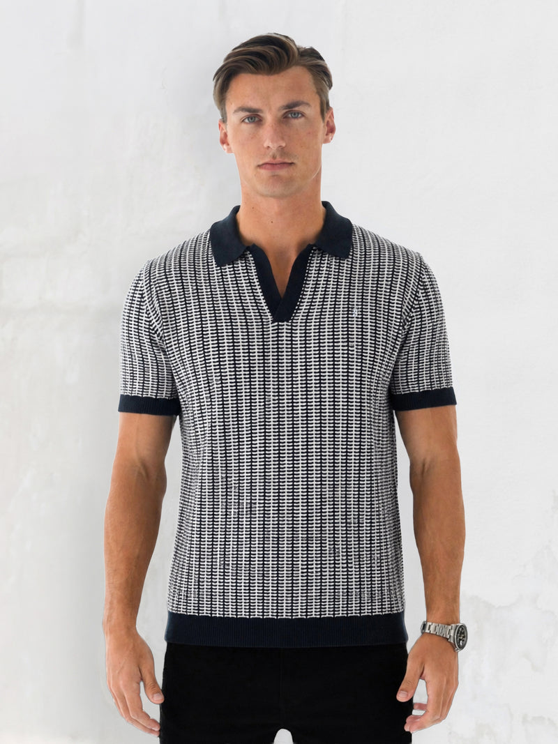 Conrad Knitted Stripe Polo Shirt - Navy
