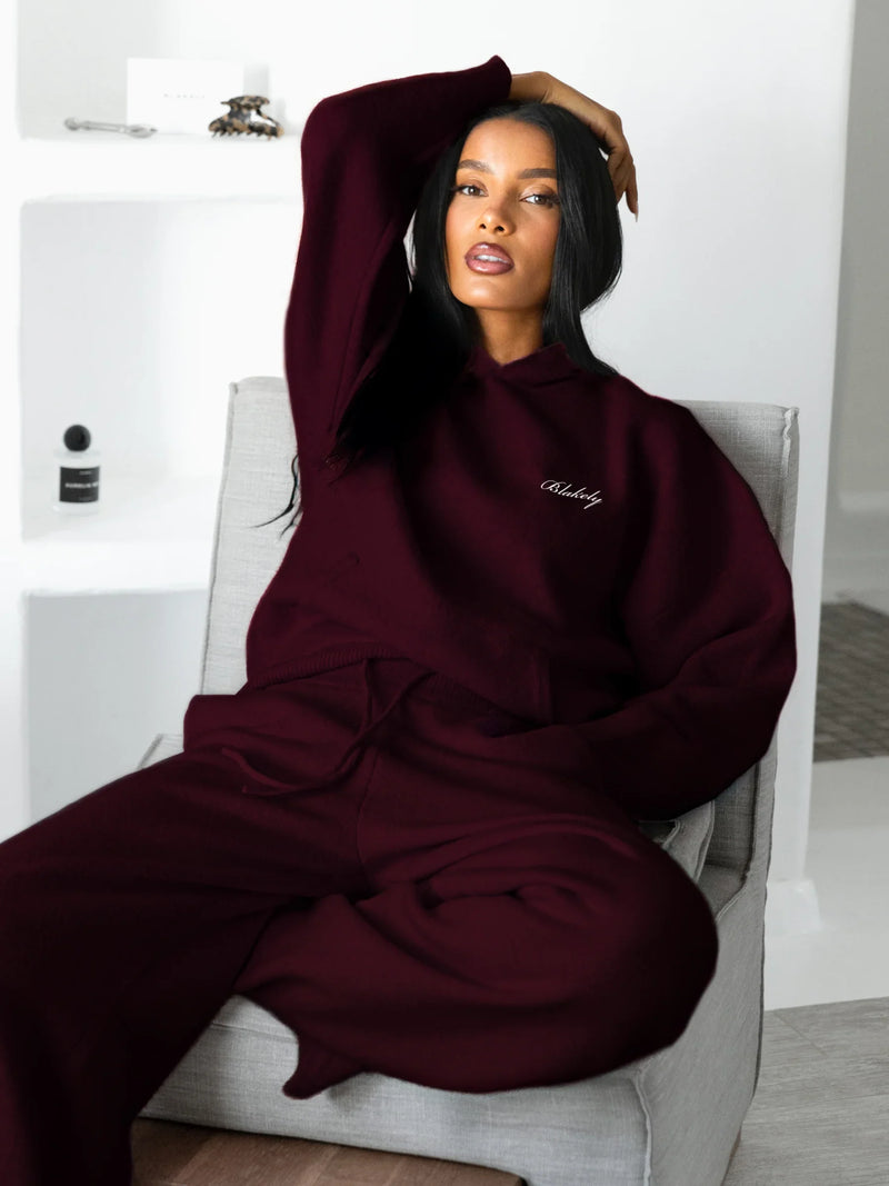 Knitted Wide Leg Sweatpants - Dark Cherry