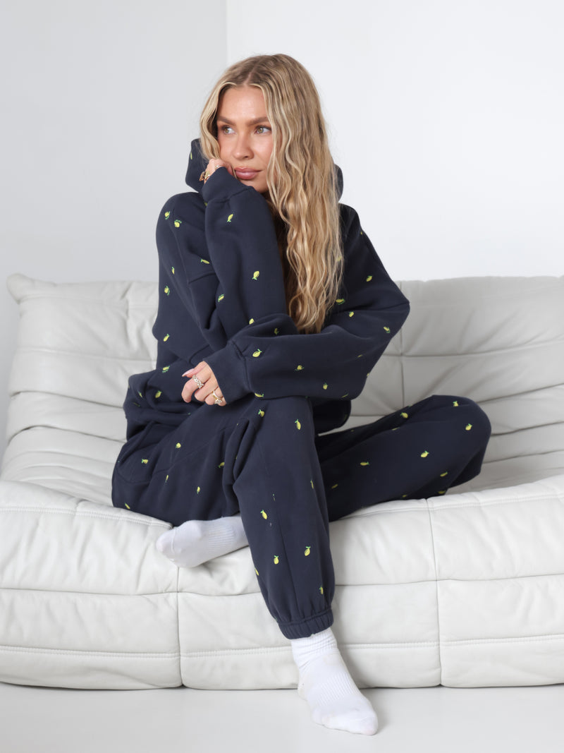 Rhea Lemon Print Oversized Hoodie - True Navy