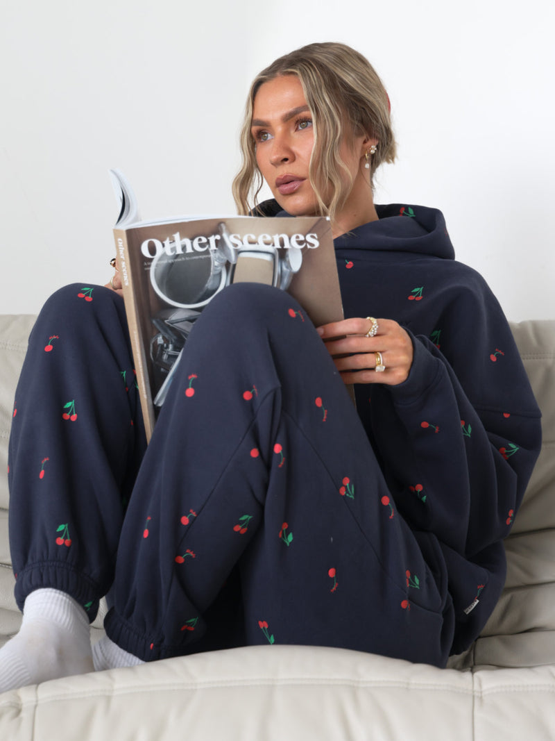 Rhea Cherry Print Oversized Hoodie - True Navy