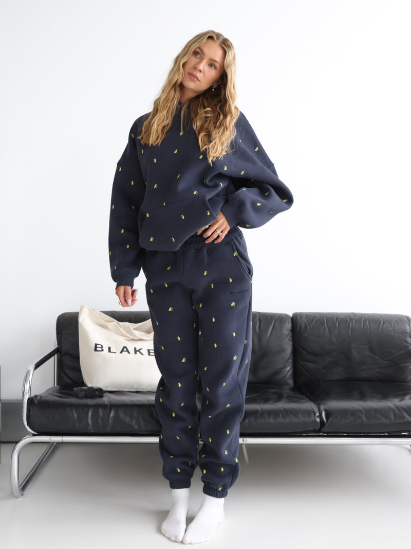 Rhea Lemon Print Cuffed Sweatpants - True Navy
