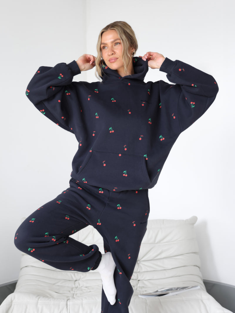 Rhea Cherry Print Oversized Hoodie - True Navy