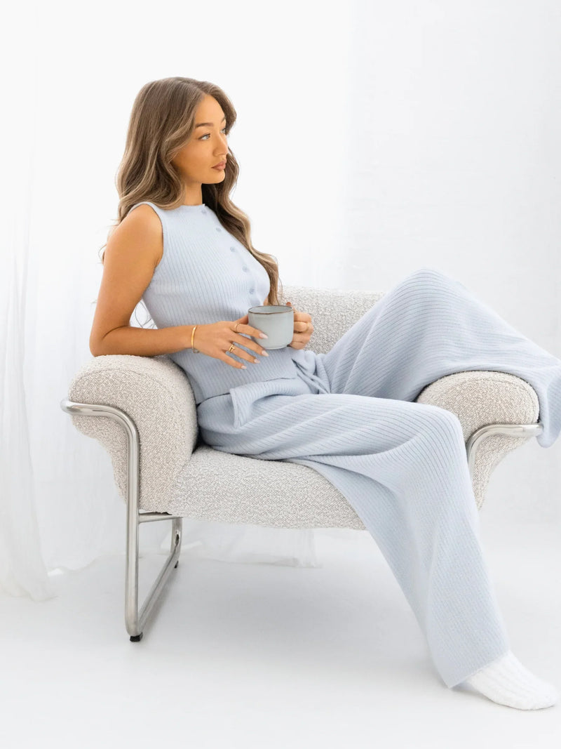 Zoey Ribbed Button Up Top - Baby Blue