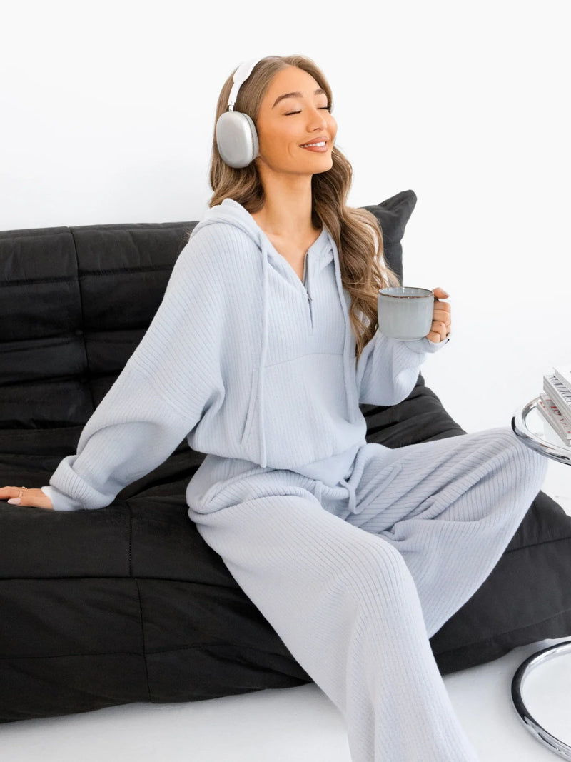 Zoey Ribbed 1/4 Zip Hoodie - Baby Blue