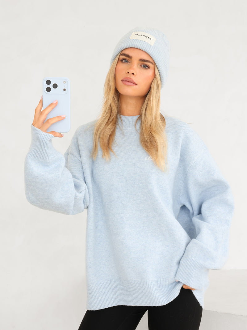 Label Knitted Beanie - Baby Blue