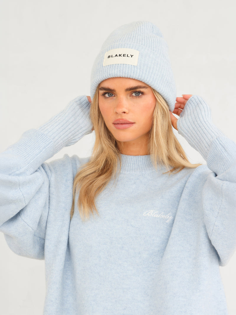 Label Knitted Wrist Warmers - Baby Blue