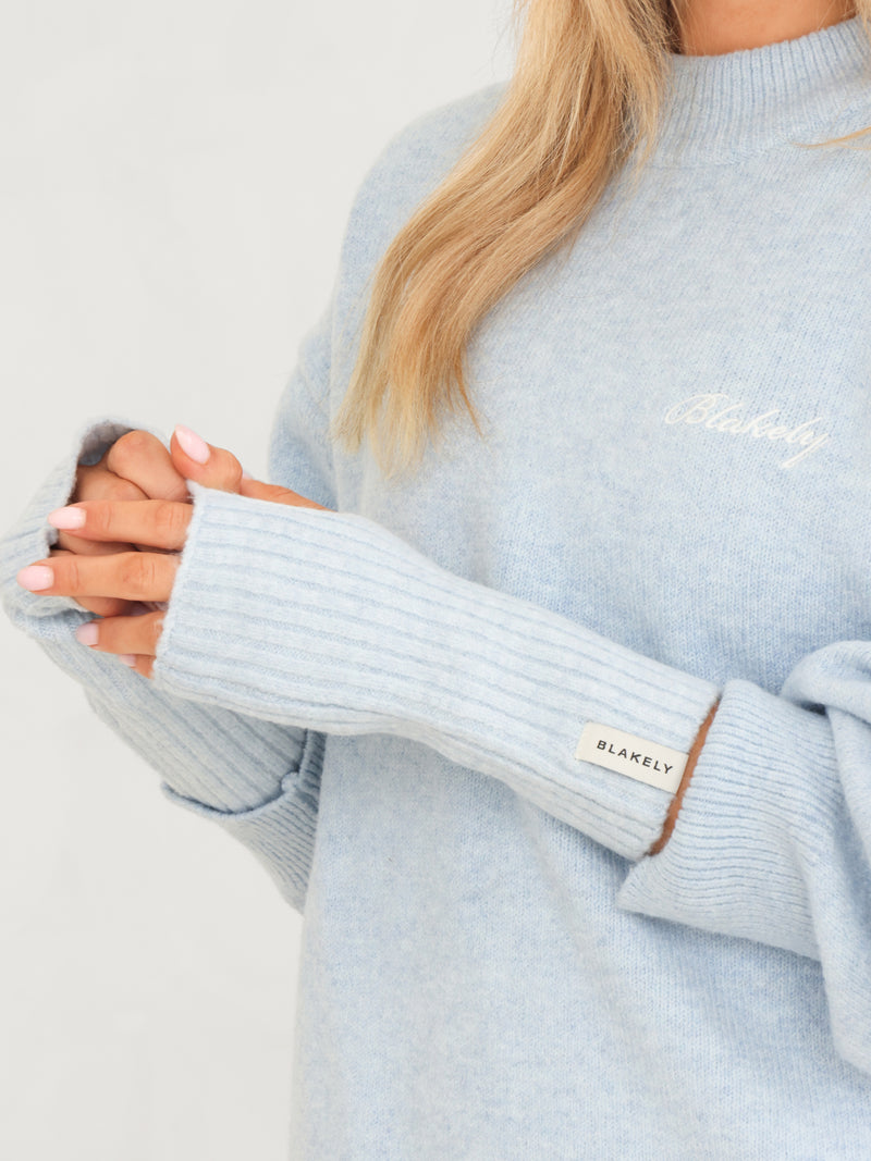 Label Knitted Wrist Warmers - Baby Blue