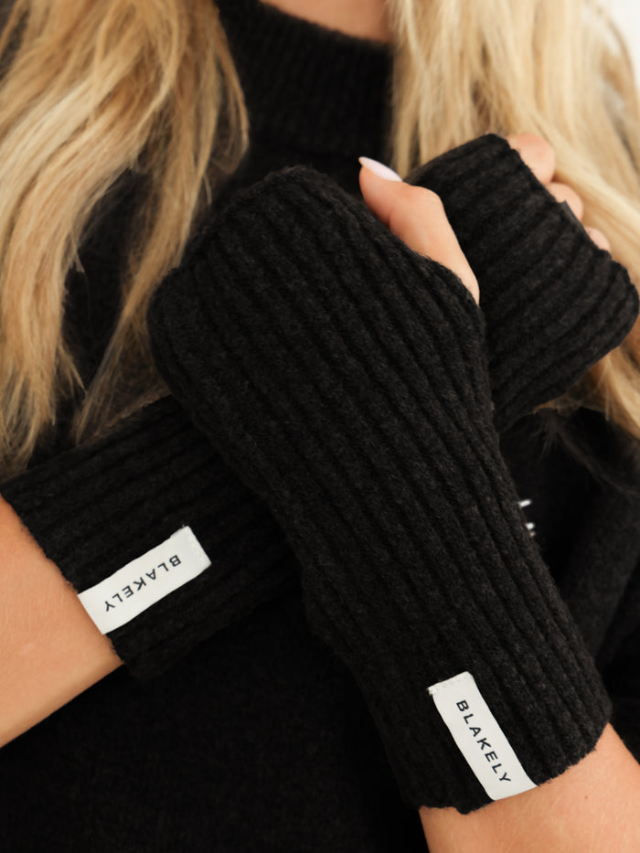 Label Knitted Wrist Warmers - Black