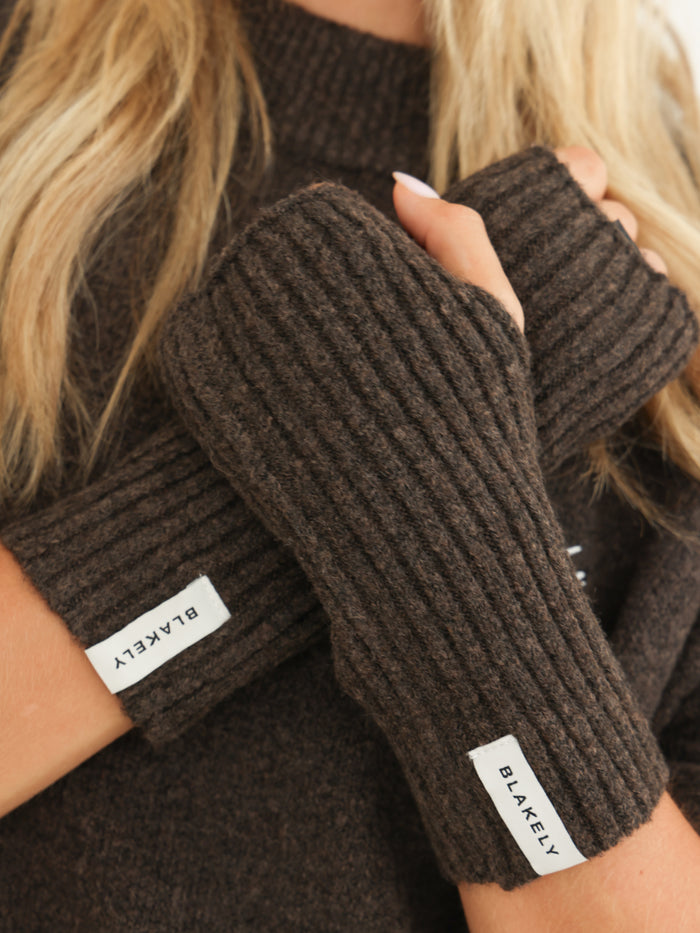 Label Knitted Wrist Warmers - Chocolate Brown
