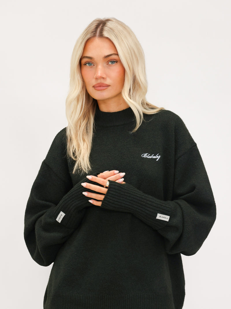 Label Knitted Wrist Warmers - Dark Green