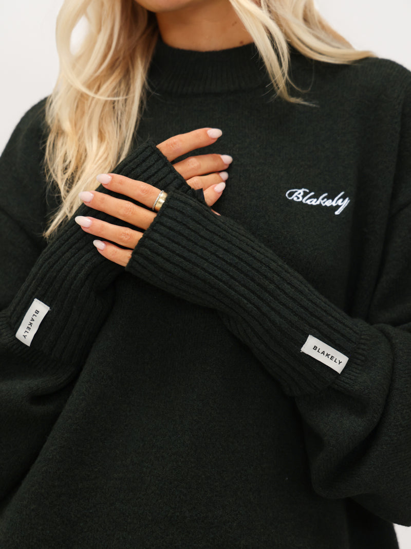 Label Knitted Wrist Warmers - Dark Green