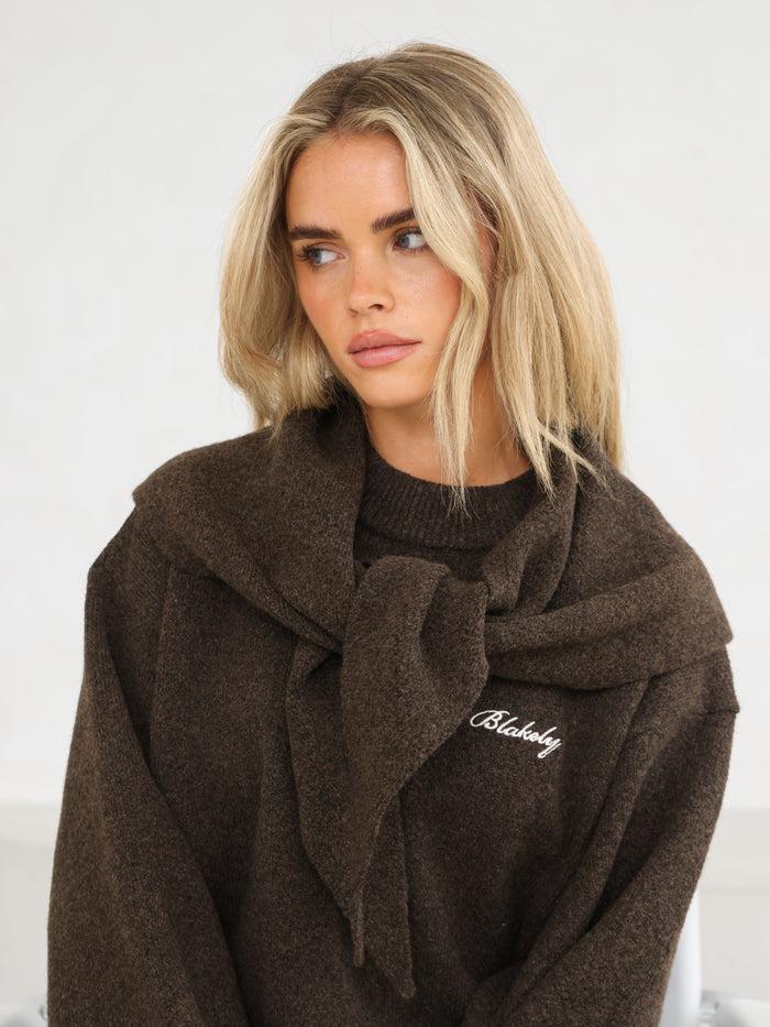 Label Knitted Triangle Scarf - Chocolate Brown