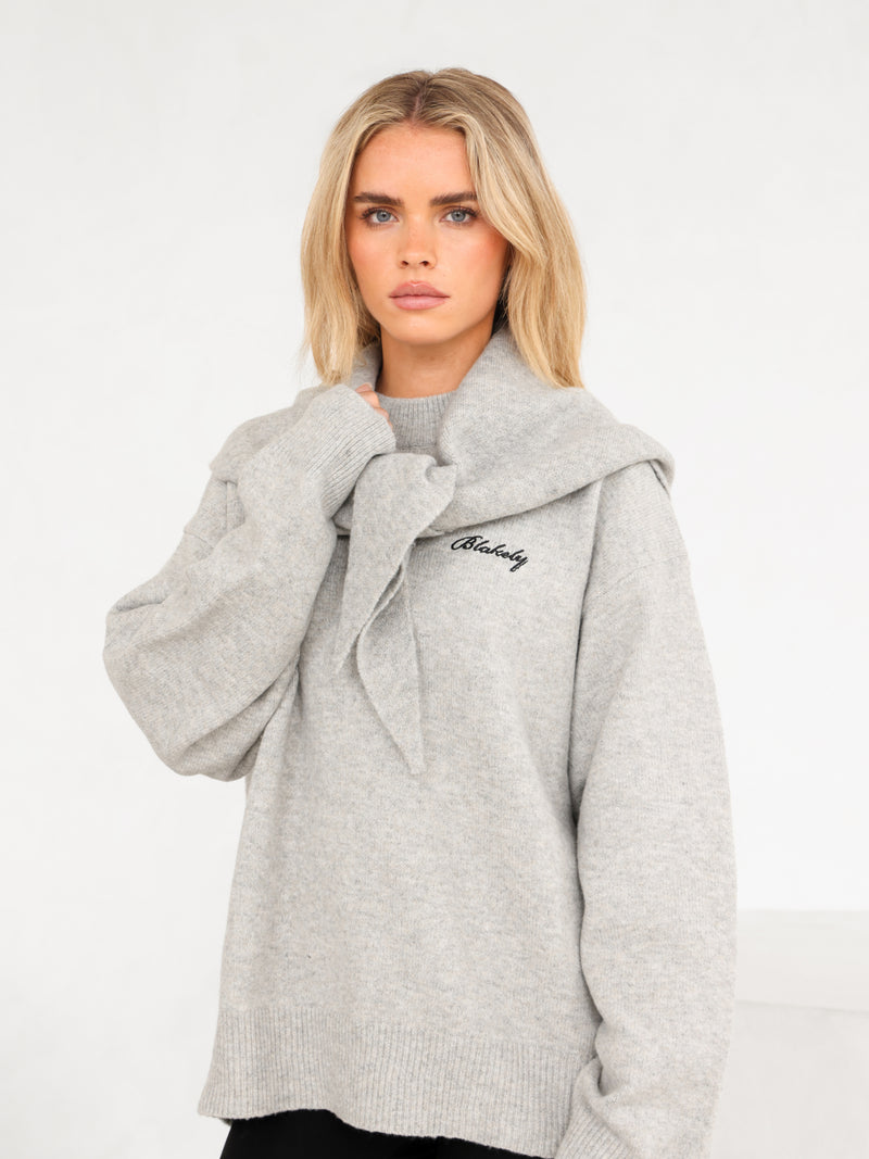 Label Knitted Triangle Scarf - Marl Grey