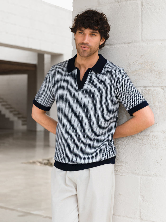 Conrad Knitted Stripe Polo Shirt - Navy