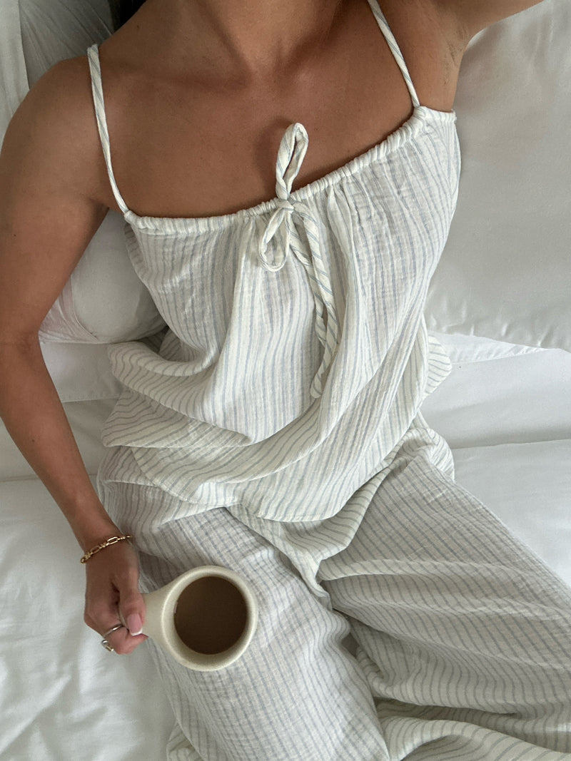 Mila Wide Leg Trousers - White & Blue Stripe