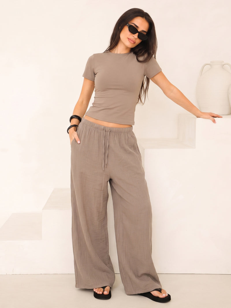 Lucia Baby Tee & Mila Wide Leg Trousers Set - Taupe & Tan
