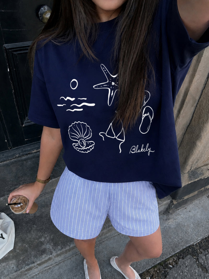 Mira Oversized T-Shirt & Elodie Stripe Shorts Set - Dark Navy & Navy