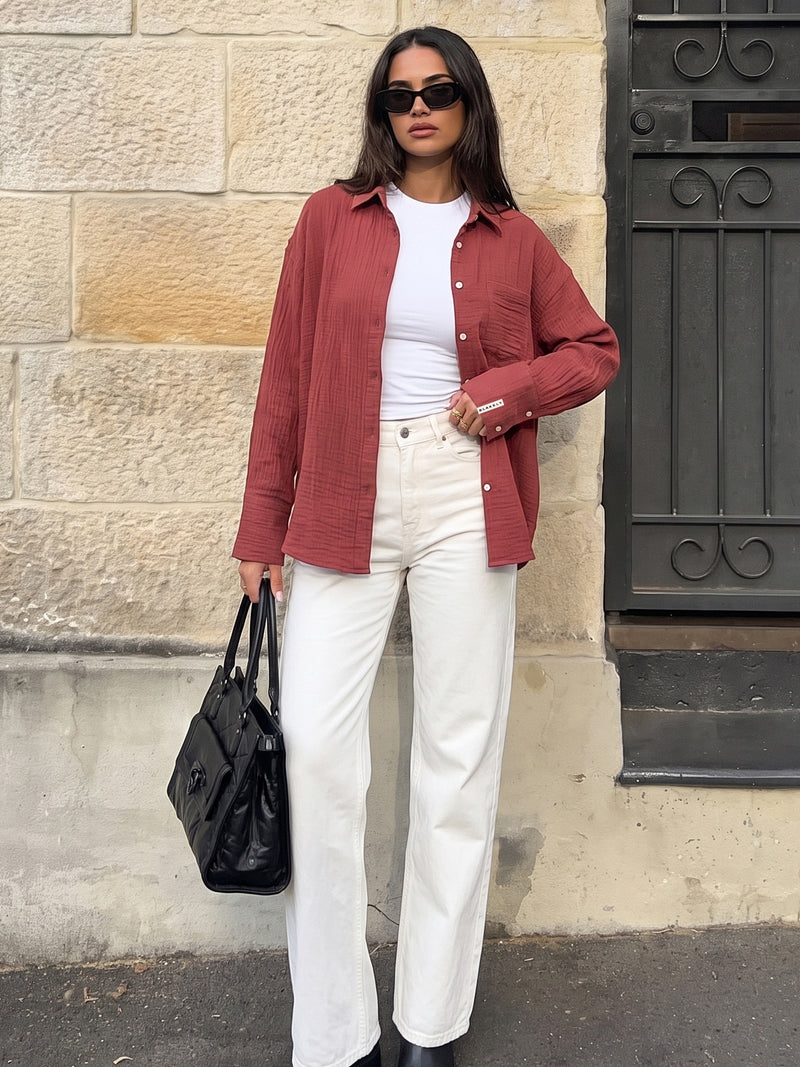 Mila Oversized Shirt - Washed Red