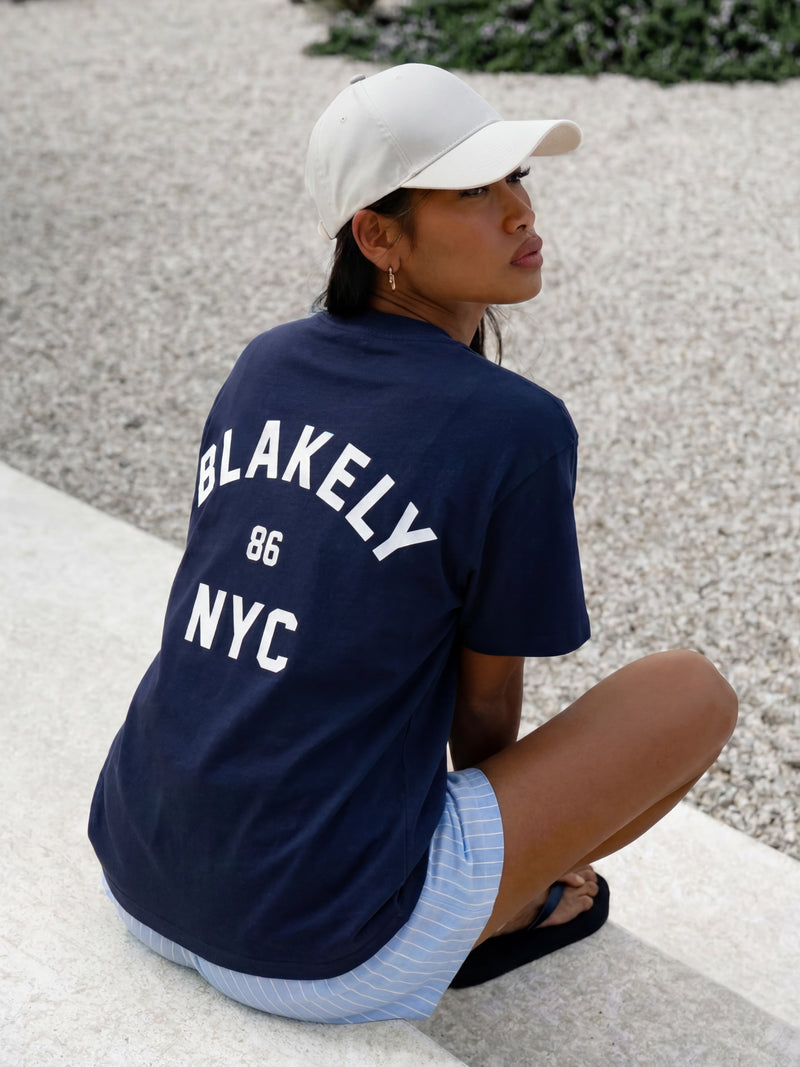 NYC Oversized T-Shirt & Elodie Stripe Shorts Set - True Navy & Blue