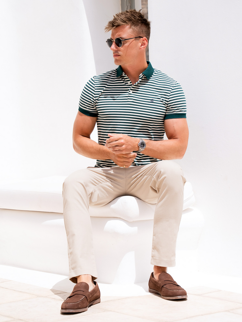 Stripe Polo & Trousers Set - Green & Tan