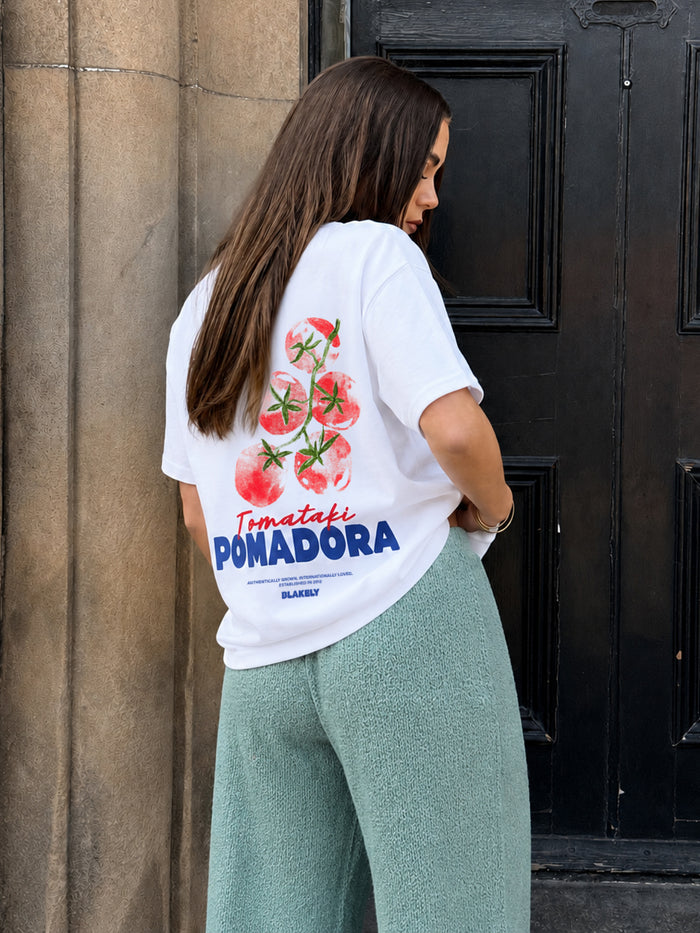 Tia Tomato Oversized T-Shirt & Mae Crochet Trousers Set - White & Sage Green